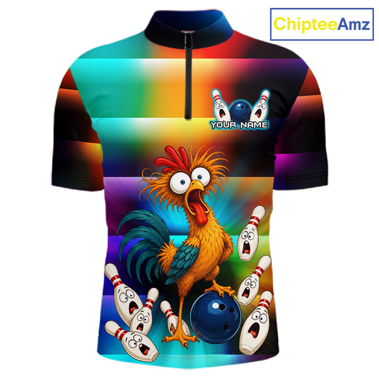Front views of a colorful bowling quarter zip featuring a shocked rooster chicken, blue bowling ball, surprised pins, and custom team and your text.