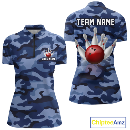 Custom Blue Camo Bowling Jersey for Women Bowling Team Shirts Bowling Uniform Polo & 1/4 Zip HNT167