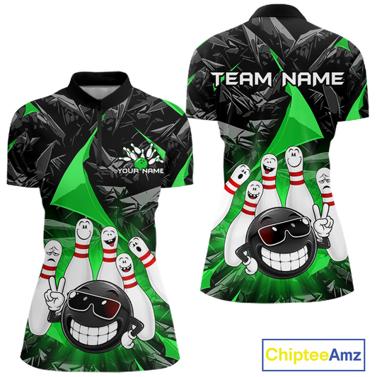 Custom short-sleeve bowling-themed polo shirt shown from the front and back. The design features a black and green geometric background with cartoon bowling pins and a smiling bowling ball wearing sunglasses.