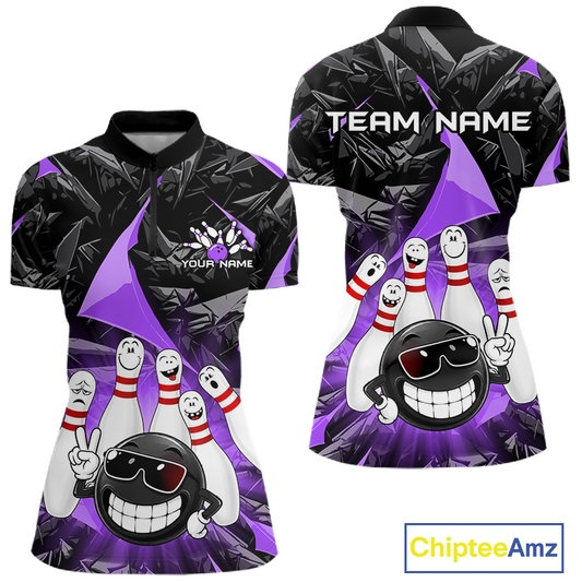 Custom bowling-themed short-sleeve polo shirt shown from the front and back. The design features a black and purple geometric background with cartoon bowling pins and a smiling bowling ball wearing sunglasses.