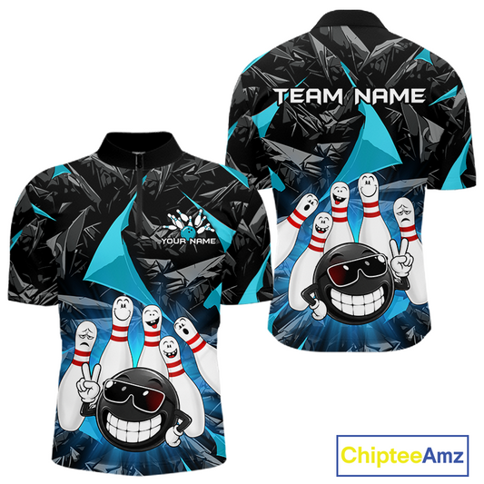 Front and back views of a short-sleeve bowling-themed polo shirt on a white background. The shirt features a black and blue ice-crack pattern with cartoon bowling pins, a bowling ball character, and customizable text areas reading 'TEAM NAME' on the back and 'YOUR NAME' on the front.