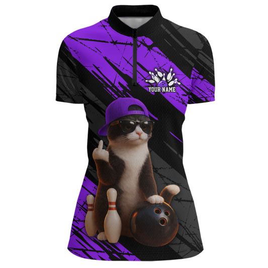 Custom Funny Cat Purple Bowling Jersey for Women Bowling Polo & 1/4 Zip Bowling Team Shirts HNT198