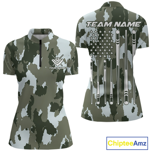 Custom Green Camo 8 Ball Billiard Shirts for Women Billiard League Billiard Team Shirts NNT106