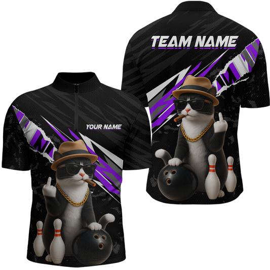 Custom Purple Funny Cat Bowling Jersey for Men Bowling Shirt Polo & 1/4 Zip Bowling Team Shirts HNT136