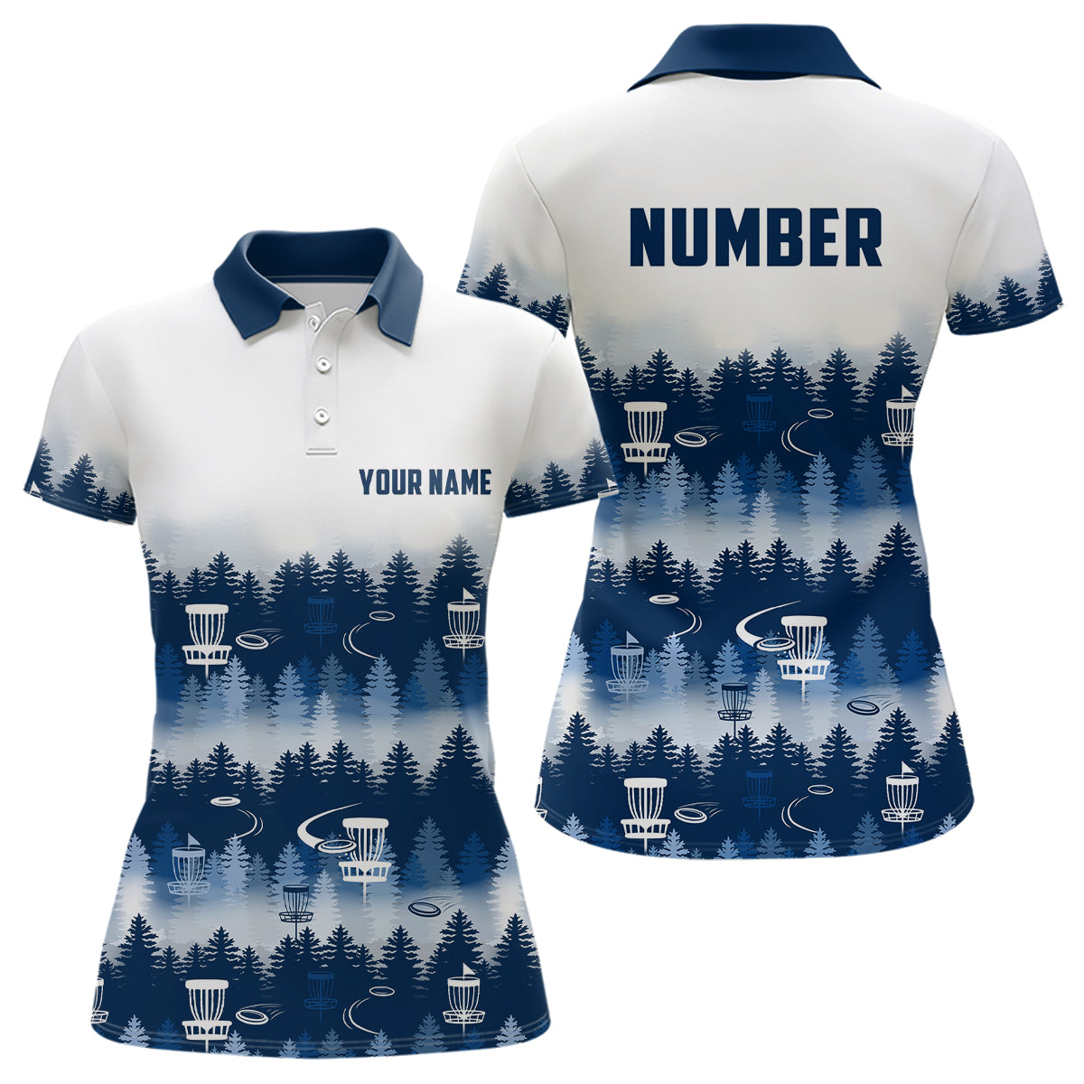 Disc Golf Forest Pattern Womans Disc Golf Polo Shirt Custom Name And Number Disc Golf Gifts For Woman | Navy YYD0017