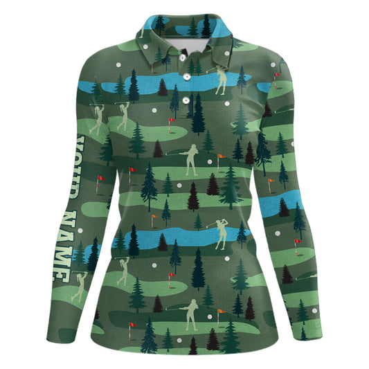 Golf Polo Shirts For Womens Custom Name, Golf Course Pattern Vintage Shirt Gifts YYD0031