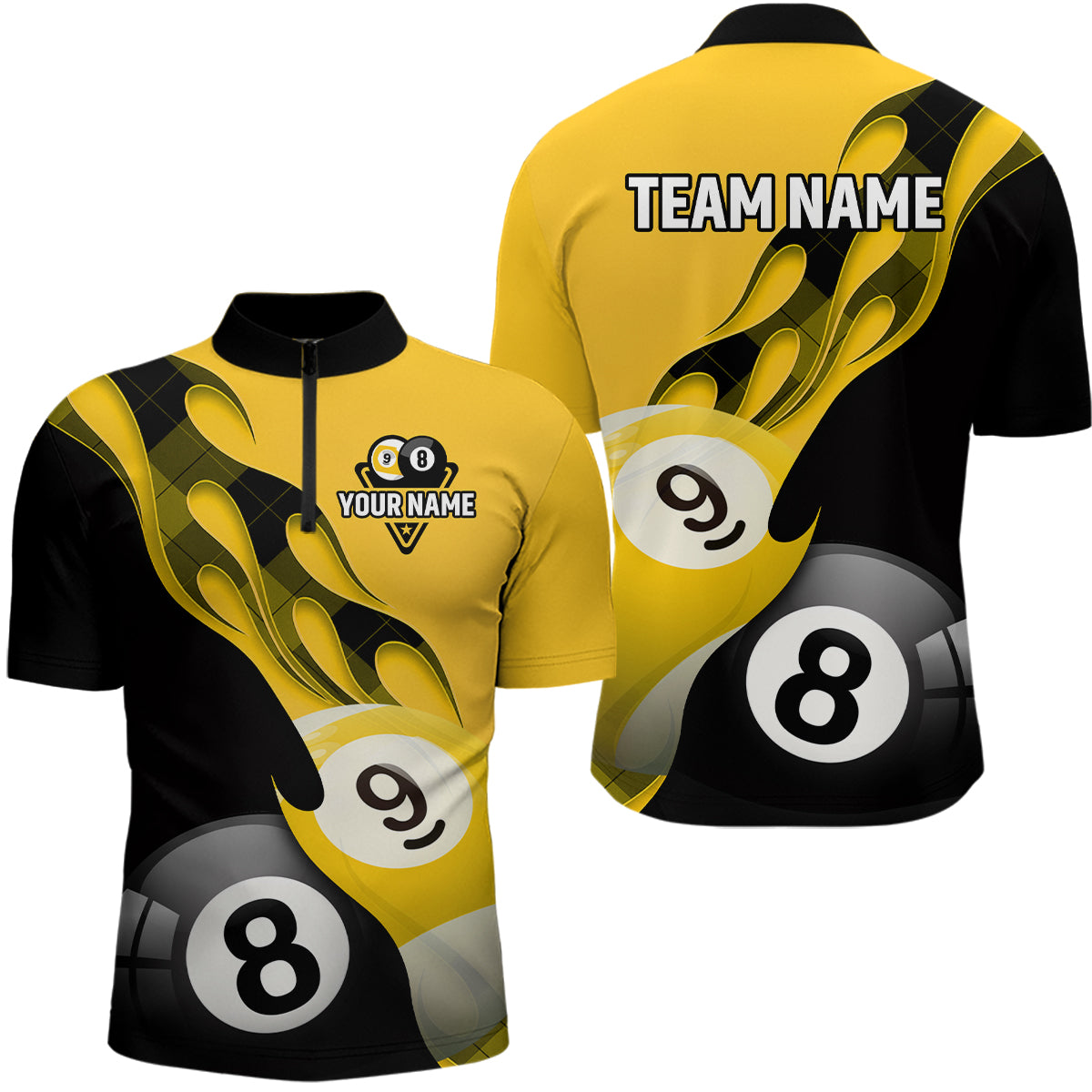 Personalized Flame 8 Ball & 9 Ball Billiard Men Quarter-Zip Shirts Custom Name Billiard Shirt Design YYD0034