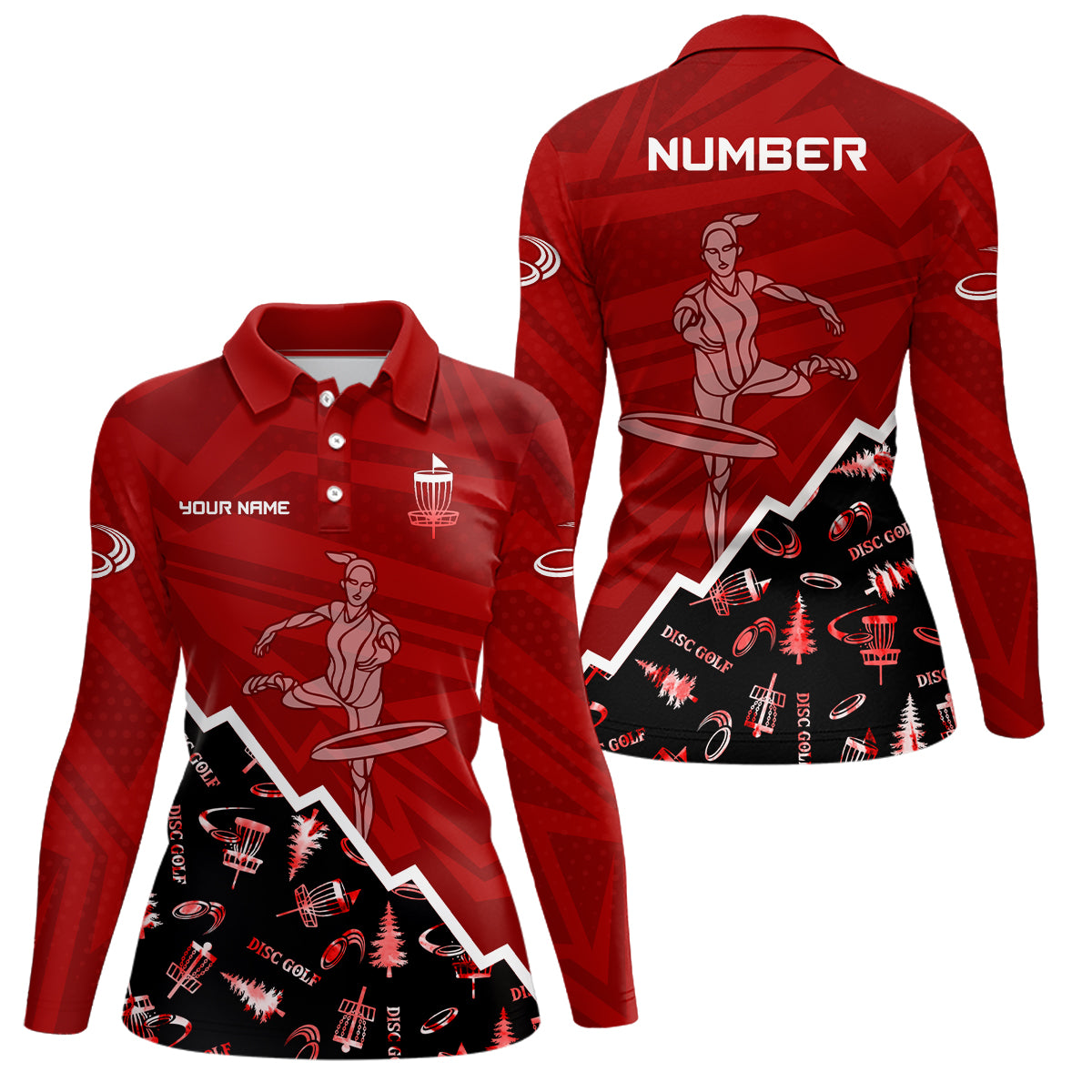 Pattern Color Womens Disc Golf Polo Shirt Custom Name & Number | Pink, Purple, Red YYD0045