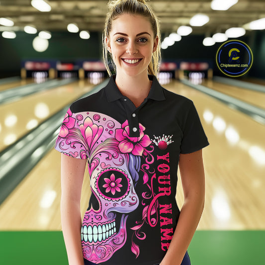 Pink Sugar Skull Tattoo Custom Women'S Bowling Polo Shirts, Halloween Team Bowling Jerseys IPHW5243