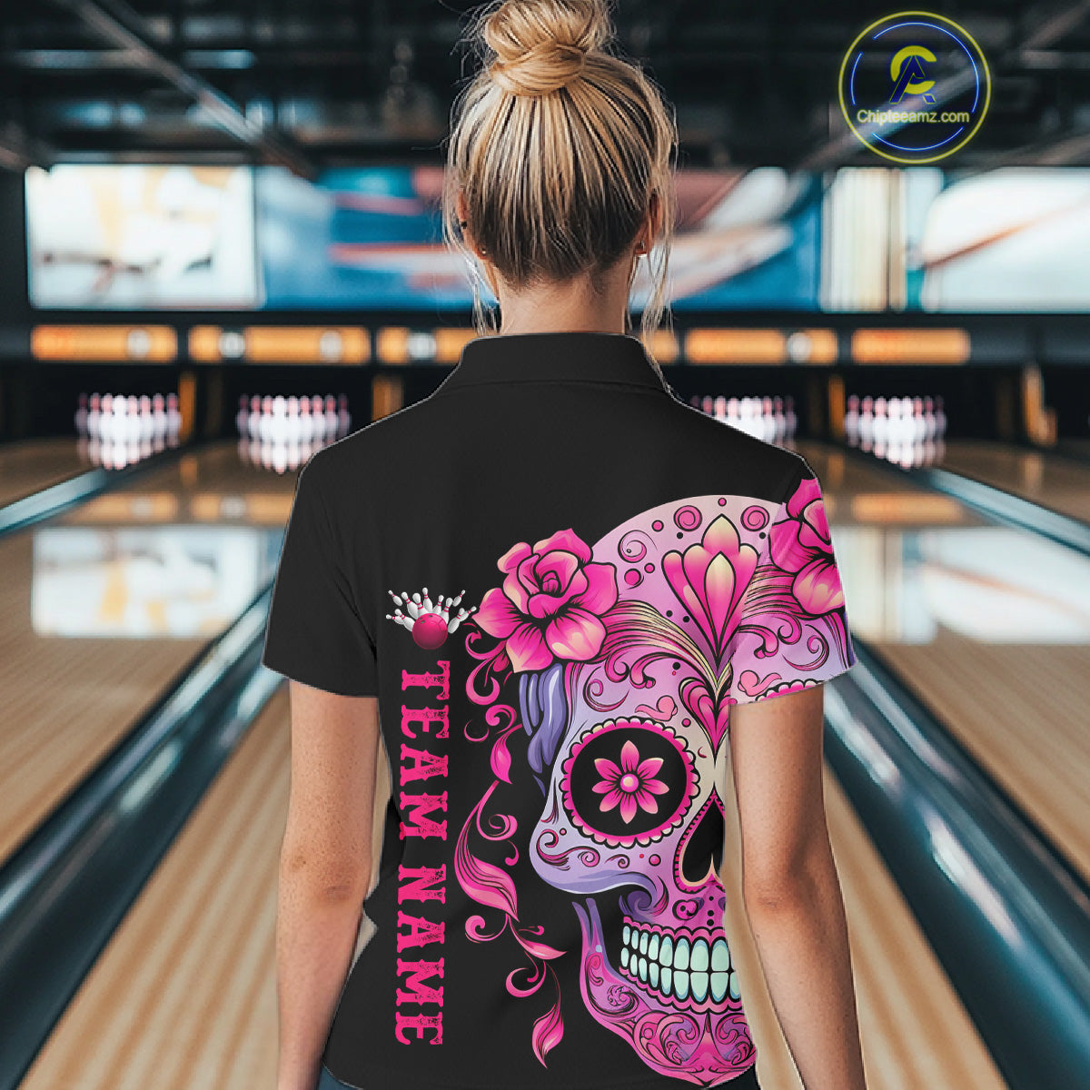 Pink Sugar Skull Tattoo Custom Women'S Bowling Polo Shirts, Halloween Team Bowling Jerseys IPHW5243