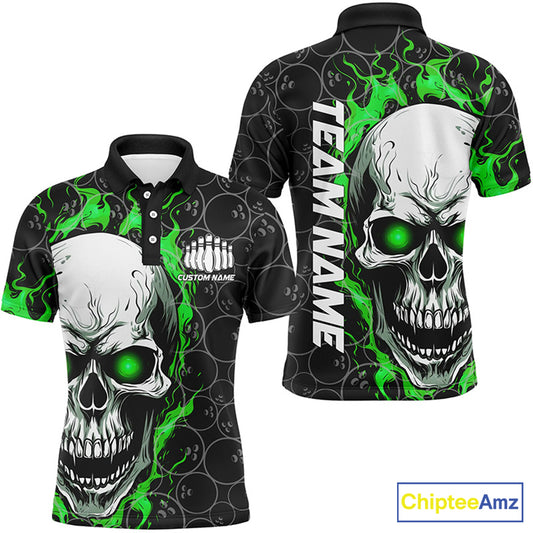 Personalized Skull Bowling Shirt For Men Custom Team'S Name Flame Bowler Jerseys | Green IPHW5008