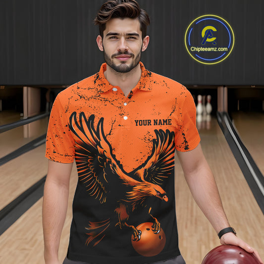 Custom Orange Eagle Men Bowling Polo Shirts Grunge Vintage Bowling Team Jerseys Bowlers Outfits IPHW5343