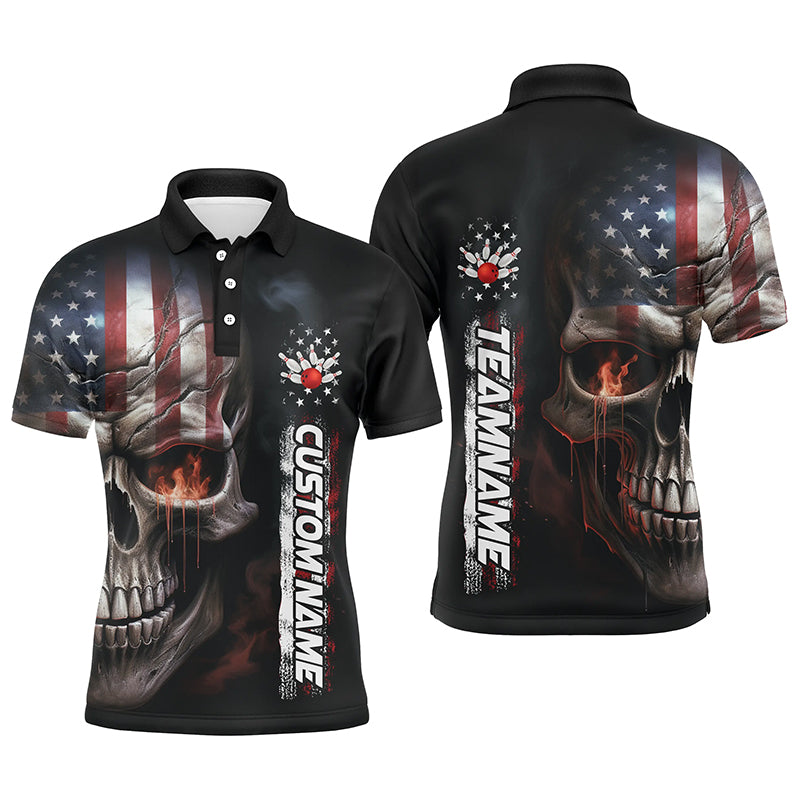 Flame Skull American Flag Custom Team Bowling Shirts For Men, Patriotic Bowling Shirt Jerseys IPHW5178
