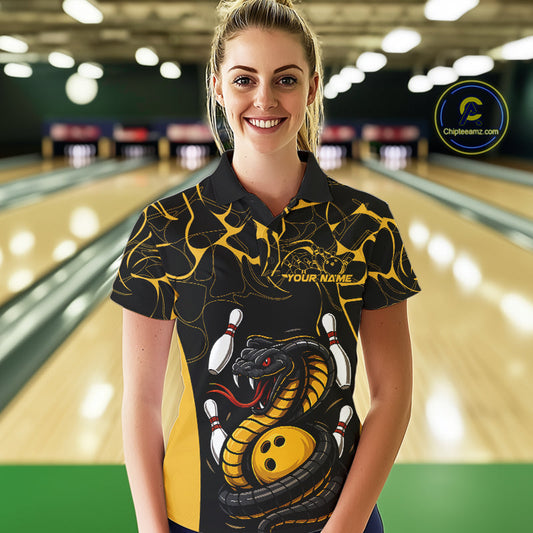 Custom Black And Yellow Cobra Snake Bowling Jerseys, Bowling Team Women Polo Shirts IPHW9038