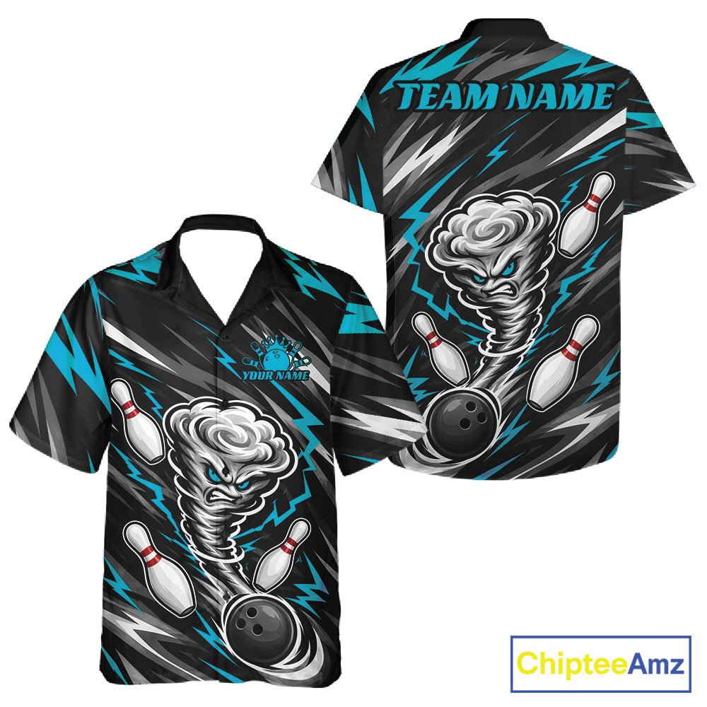 Custom Turquoise Blue Storm Thunnder Lightning Bolts Bowling Team Men And Women Button Up Shirt IPHW11806