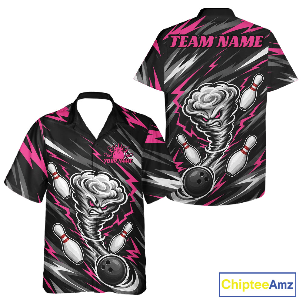 Custom Black And Pink Storm Thunnder Lightning Bolts Bowling Team Men And Women Button Up Shirt IPHW11808