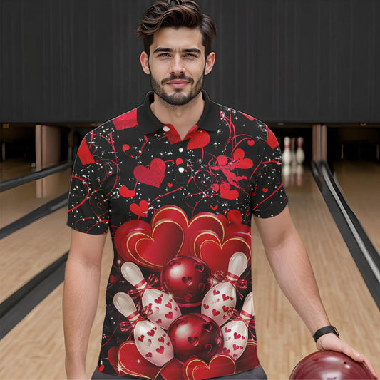 Black And Red Custom Valentines Day Bowling Polo Shirts For Men, Bowling Couple Shirt IPHW8327