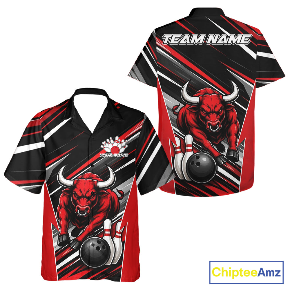 Custom Black And Red Bull Bowling Team Men And Women Button Up Shirt, Bull Bowling Jerseys IPHW11814