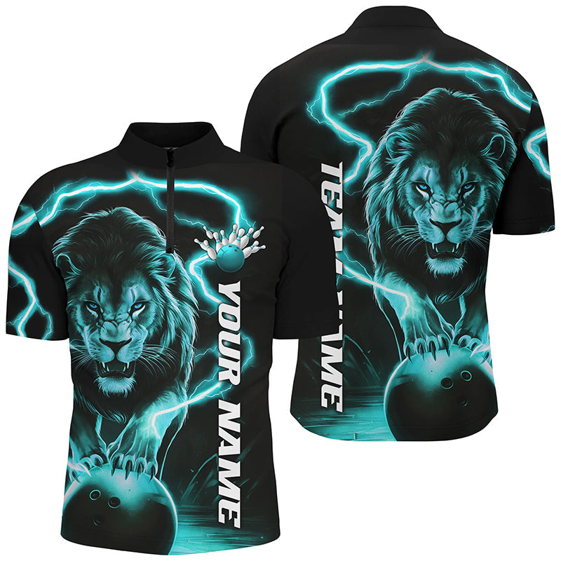 Custom Lion Bowling Shirts For Men, Lion Bowling Team Shirts Outfit Bowling Quarter Zip| Blue IPHW6777