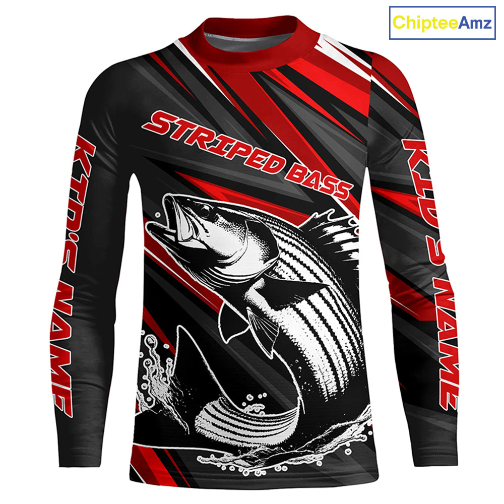 Black And Red Striped Bass Fishing Jerseys, Custom Striper Long Sleeve Performance Fishing Shirts IPHW6897