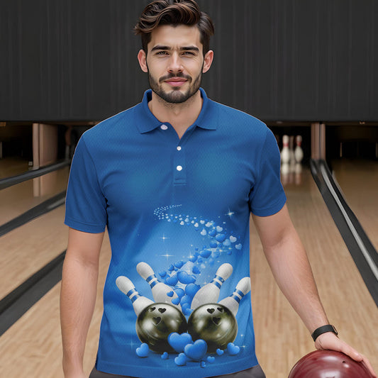 Custom Blue Valentine Bowling Polo Shirts For Men, Valentines Day Couple Bowling Outfits IPHW8349