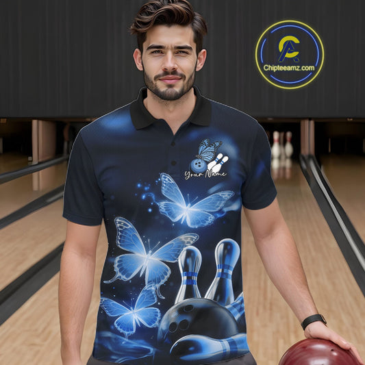 Custom Blue Butterfly Bowling Polo Shirts For Men, Bowling Team Shirt With Butterflies IPHW10701