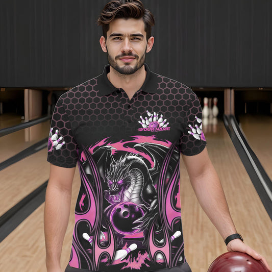Custom Black And Pink Flame Dragon Bowling Men Polo Shirts, Team Bowling League Shirt IPHW8841