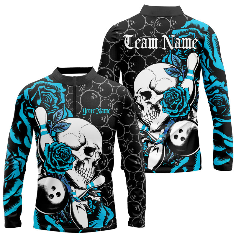 Custom Blue Roses And Skull Bowling Long Sleeve Quarter-Zip Shirts For Men, Team Shirt IPHW8844