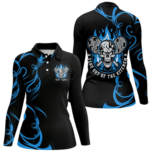 Custom Flame Skull Pickleball Polo Shirts For Women's "Stay Out Of The Kitchen" | Blue IPHW6910