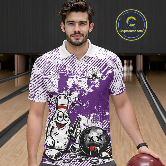 Male model in a bowling lane wearing a purple and white polo shirt, humorous drunk bowling pin illustration holding beer bottle and bowling ball.