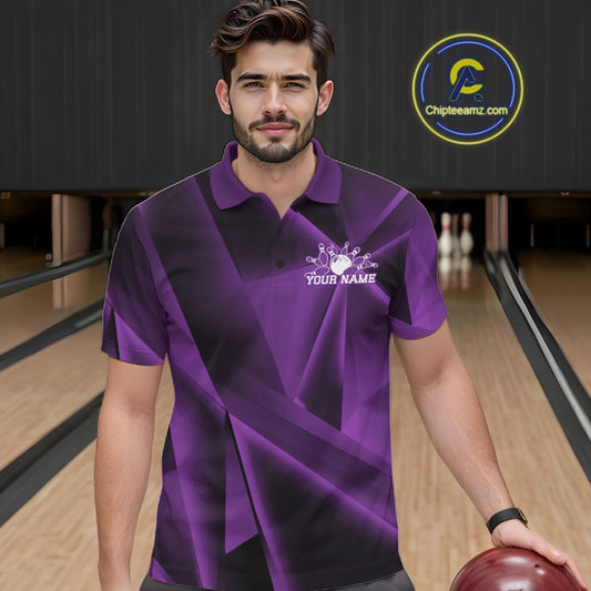 Man in a purple bowling shirt with a logo and text on a bowling alley background