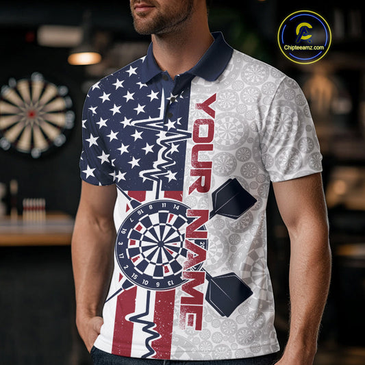 Custom US Flag Patriotic Dart Pulse Line Polo Shirts For Men, Dart Team Shirt IPHW9650
