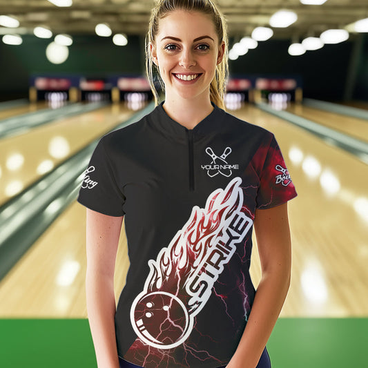 Custom Black And Red Thunder Lightning Strike Bowling Womens Quarter-Zip Shirts Team Shirt IPHW8533