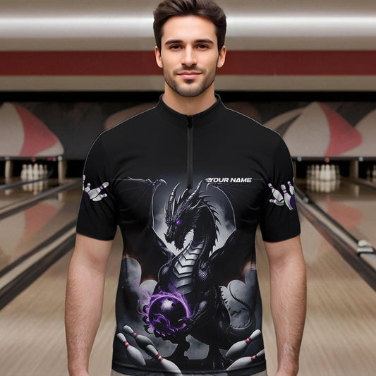 Custom Black And Purple Dragon Bowling Team Quarter-Zip Shirts For Men, Dragon Bowling Jerseys IPHW8546