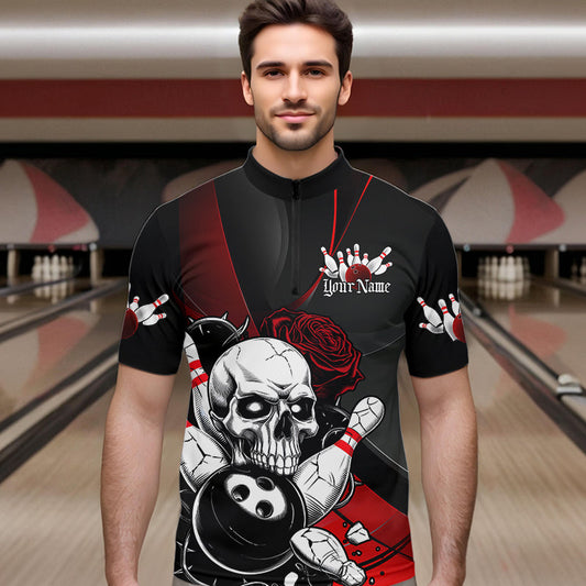 Custom Black And Red Roses Skull Bowling Team Quarter-Zip Shirts For Men, Skull Bowling Jerseys IPHW8870
