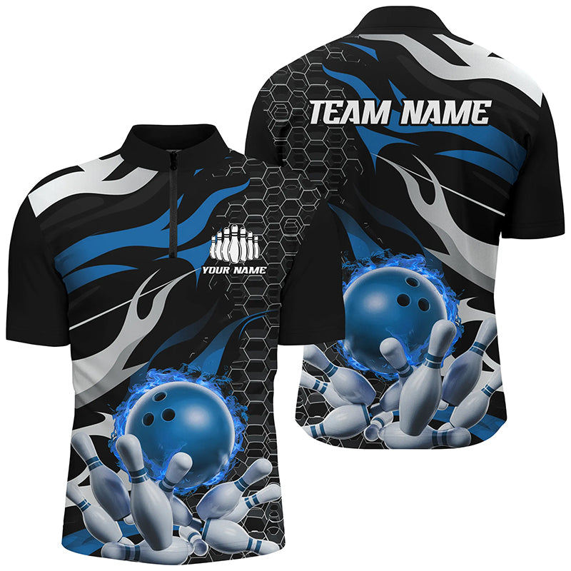 Blue And Black Custom Flame Bowling Quarter Zip Shirts For Men, Bowling Team Shirts Bowling Uniform IPHW6790
