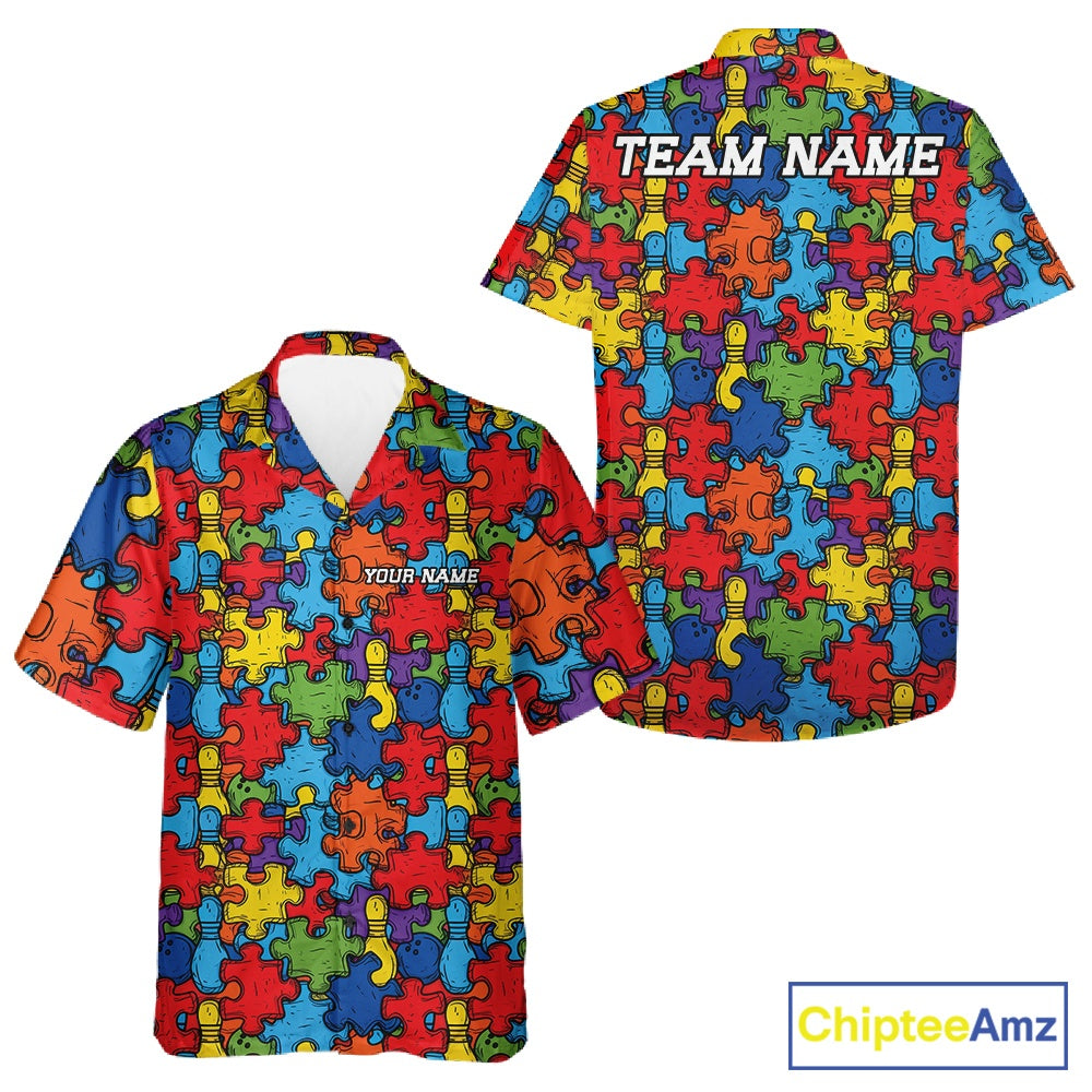 Custom Autism Awareness Bowling Men And Women Hawaiian Shirt, Colorful Puzzle Pieces Bowling Shirt IPHW11615