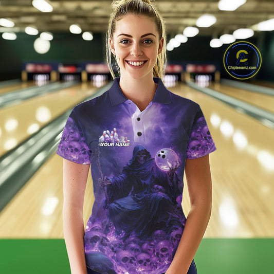 Custom Blue And Purple Flame Bowling Skull Women Polo Shirts, Halloween Bowling Outfits IPHW9467