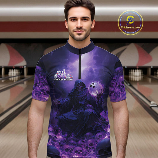 Custom Blue And Purple Flame Bowling Skull Quarter-Zip Shirts For Men, Halloween Bowling Outfits IPHW9467