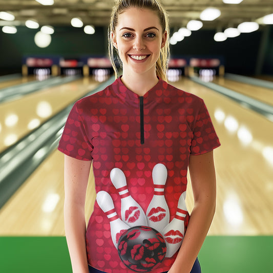 Bowling Kisses Red Heart Theme Custom Valentines Day Bowling Quarter-Zip Shirts For Women IPHW8366
