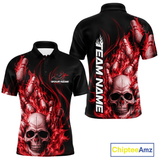 Custom Multi Styles Red Flame Skull Halloween Bowling Team Shirts, Bowling Tournament Shirt Bowling Jersey IPHW10439