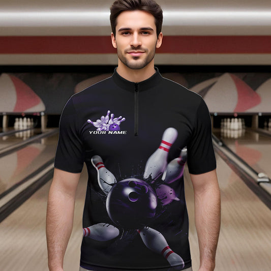 Custom Black And Purple Bowling Jerseys, Bowling League Quarter-Zip Shirts For Men Team Uniform IPHW8561