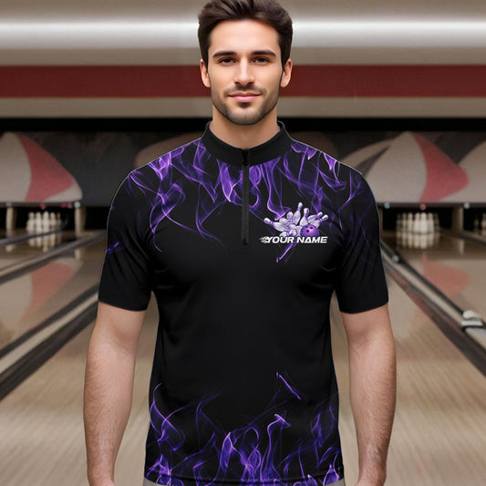 Custom Black And Purple Flame Cobra Snake Bowling Quarter-Zip Shirts For Men, Bowling Team Uniform IPHW8569