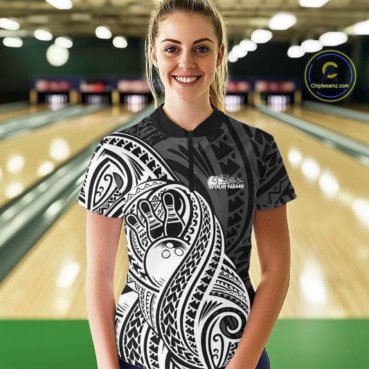 Custom Black And White Maori Style Koru Spiral Tribal Women Bowling Quarter-Zip Shirt IPHW10949