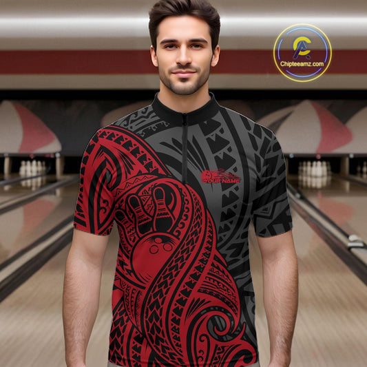 Custom Black And Red Maori Style Koru Spiral Tribal Men Bowling Quarter-Zip Team Shirt IPHW10950