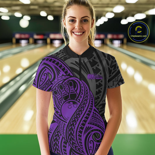 Custom Black And Purple Maori Style Koru Spiral Tribal Women Bowling Quarter-Zip Shirt IPHW10951