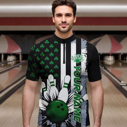 Custom Saint Patricks Bowling Quarter-Zip Shirts For Men, Shamrock Flag US Bowling Team Shirt IPHW8575