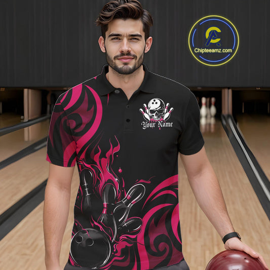 Custom Black And Pink Tribal Flame Bowling Men Shirts, Bowling League Shirt Team Jerseys IPHW10737
