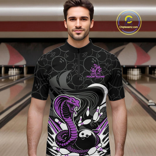 Custom Black And Purple Cobra Snake Bowling Quarter-Zip Shirts For Men, Cobra Bowling Team Shirt IPHW9700