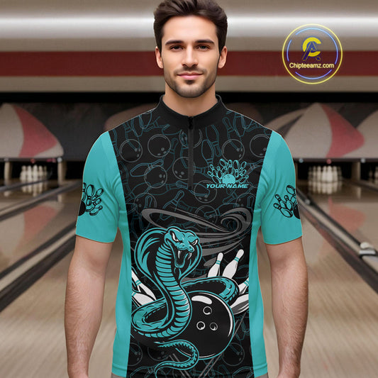 Custom Blue Cobra Snake Bowling Team Men Quarter-Zip Shirts, Bowling Pattern Shirt IPHW9706